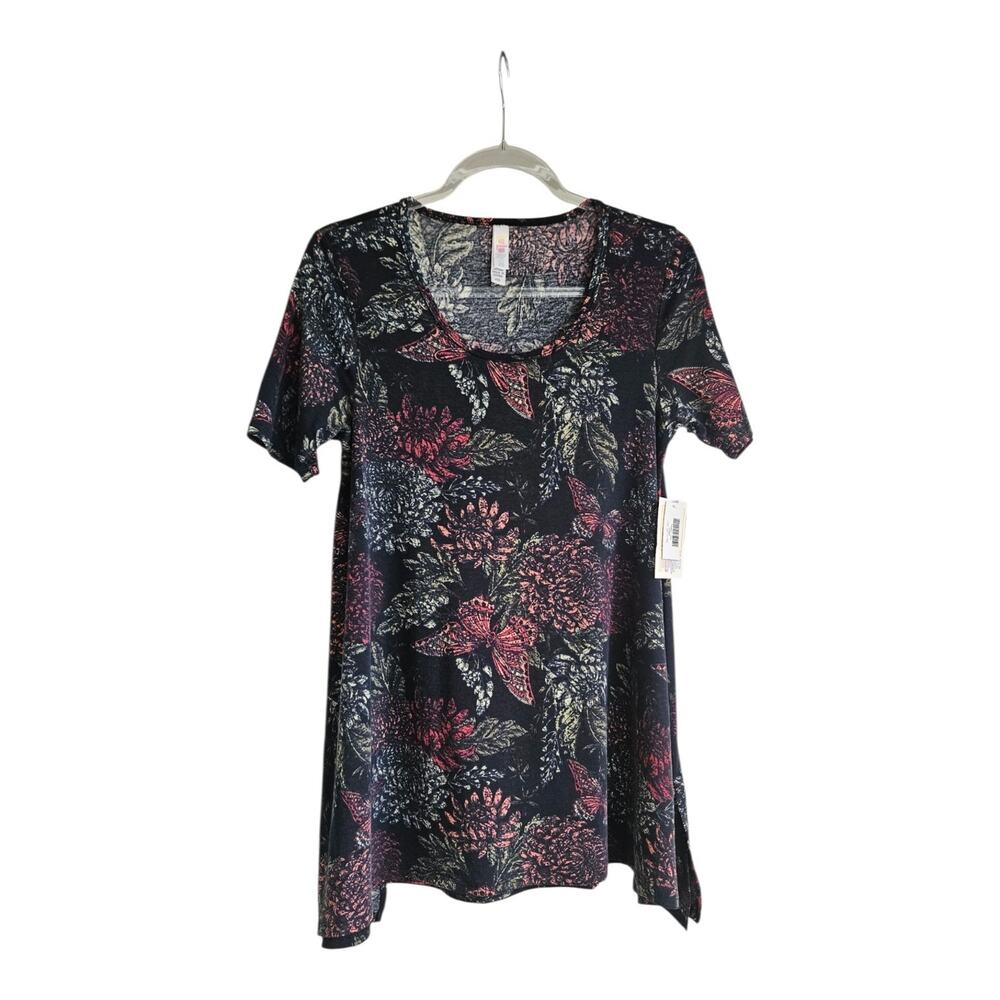 LuLaRoe NWT Womens XXS Tunic Top Black Floral Butterflies S/S Stretch Scoop Neck
